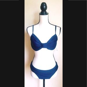 Navy Blue Bikini Swimsuit: Underwire Adjusts Bra Top, Ruched Accents, Sz. 12-NWT